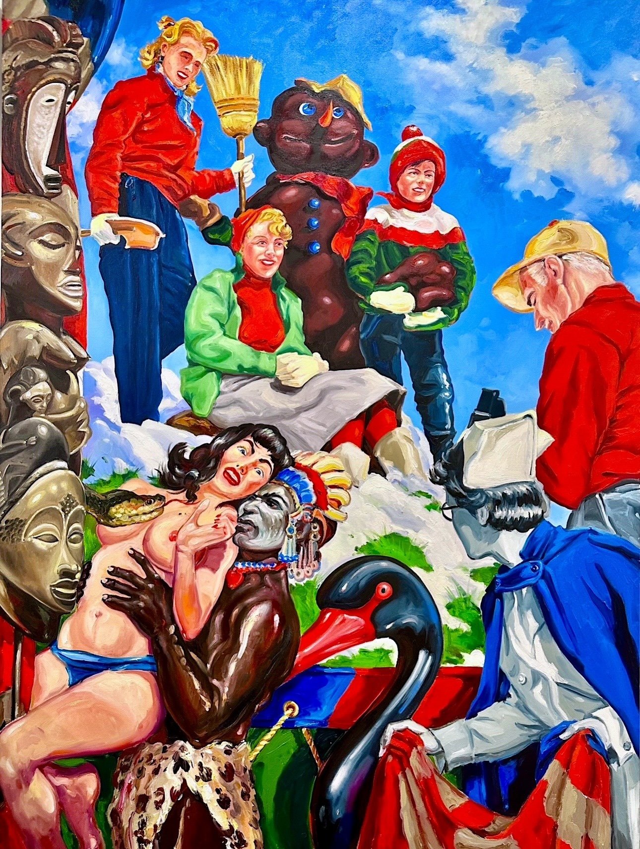 A colorful pop realist painting by contemporary Cuban artist Ciro Quintana, titled Kodak Moment of the American Dream, featuring a variety of 1950's subjects and African totems and masks, shown at Conde Contemporary.