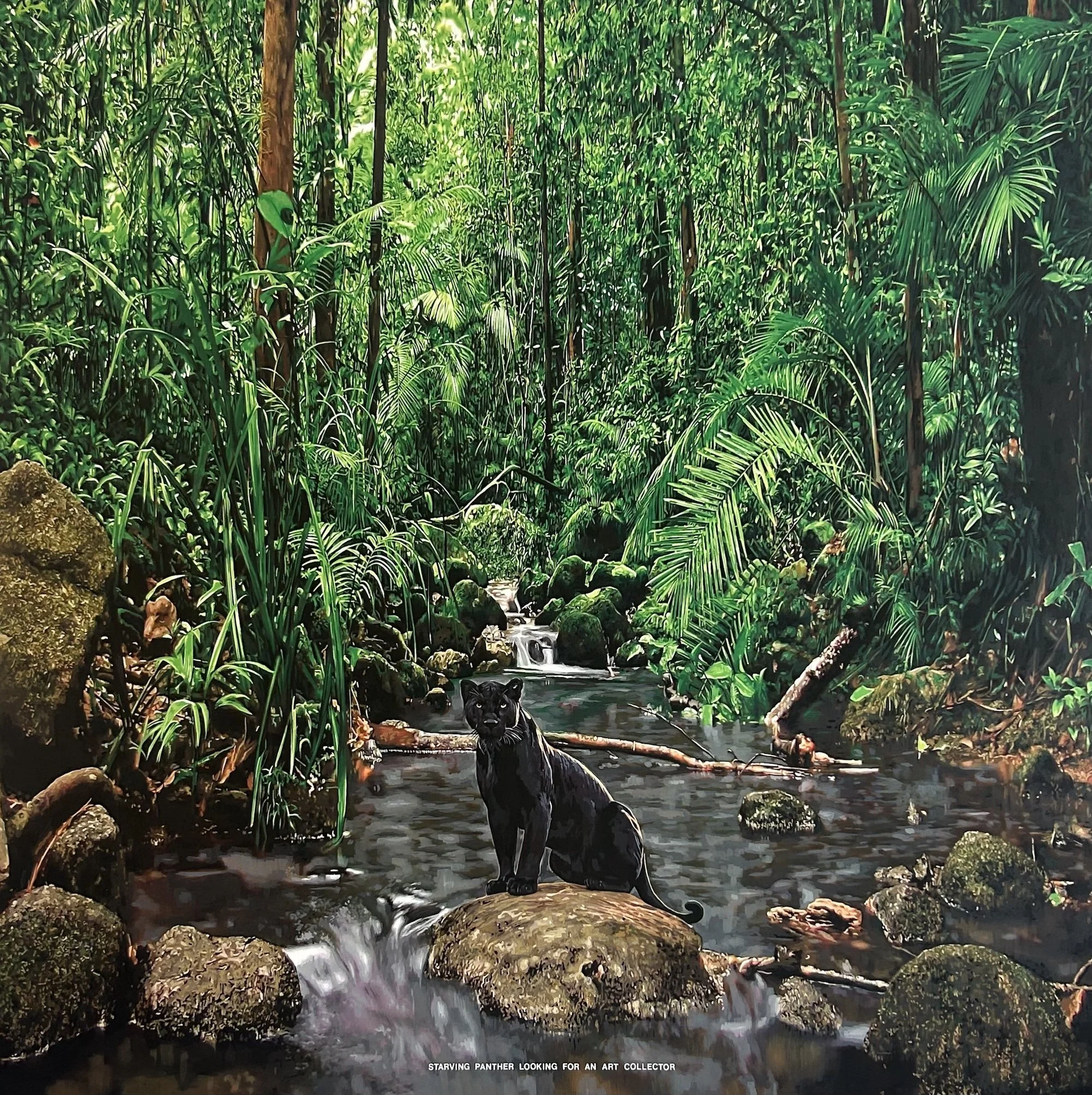 Painting of a black panther stands on a rock in a river surrounded by jungle the text below him is Starving Panther Looking for An Art Collector, which is also the title of the work by conceptual Cuban artist Rubén Torres Llorca, Conde Contemporary.