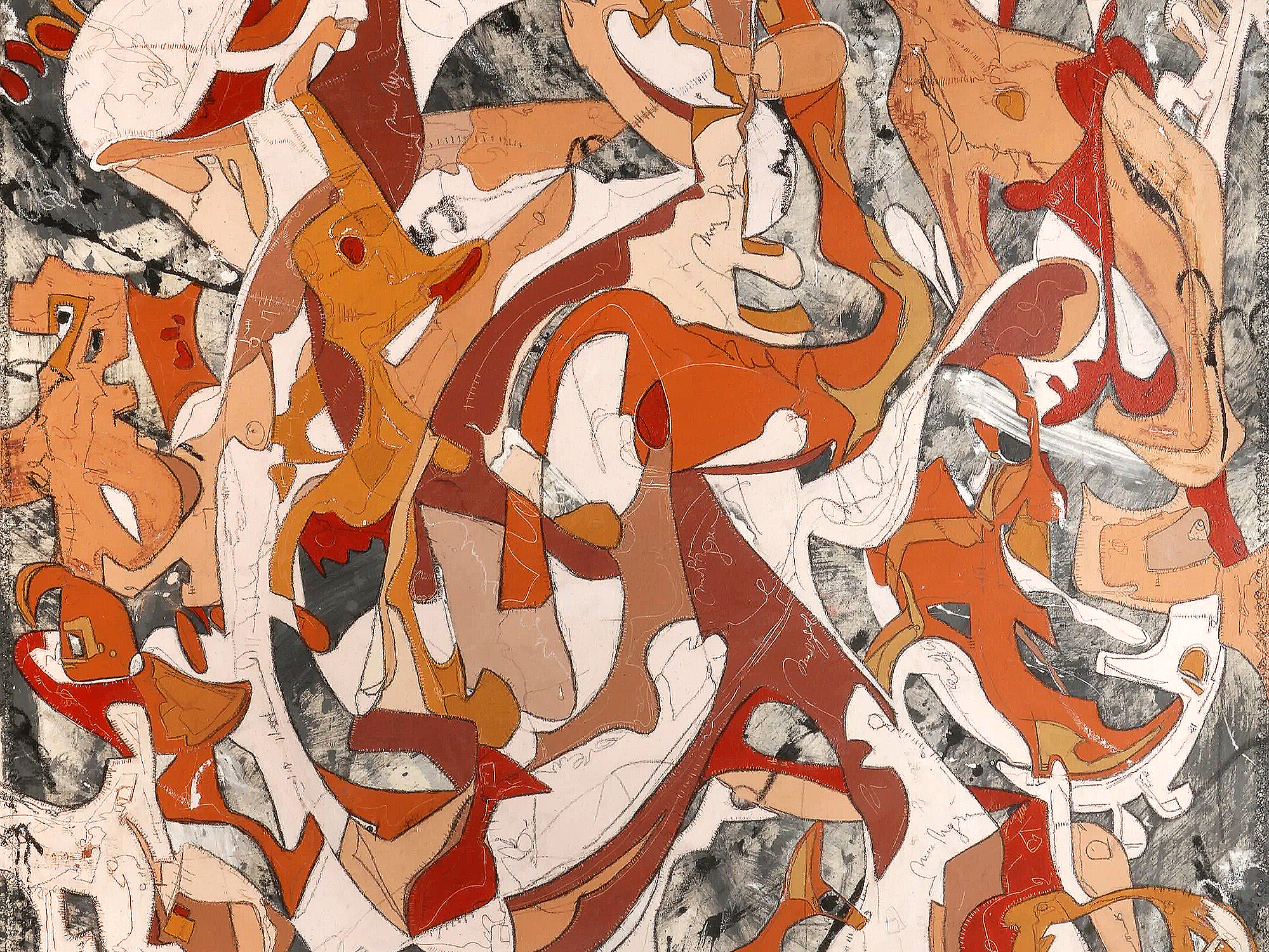 An abstract in shade of red, gold and orange titled Dreamweb 21 by contemporary Argentinian artist Paula Christenson, for Conde Contemporary.