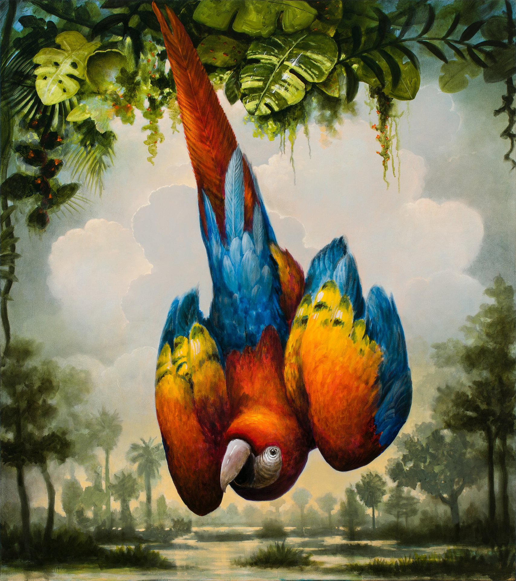 A colorful landscape painting of a Macaw parrot hanging upside down, titled Descending Angel, by American artist Kevin Sloan for Conde Contemporary.