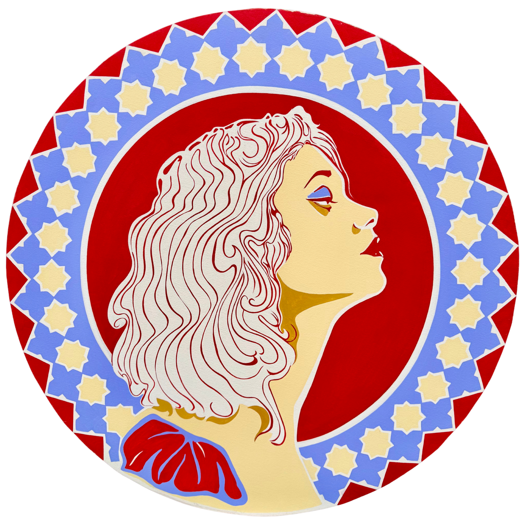 A photo of an oil painting titled Mujer Gráfica II, featuring an art nouveau woman painted in a bold graphic style by Cuban American contemporary artist Andrés Conde.