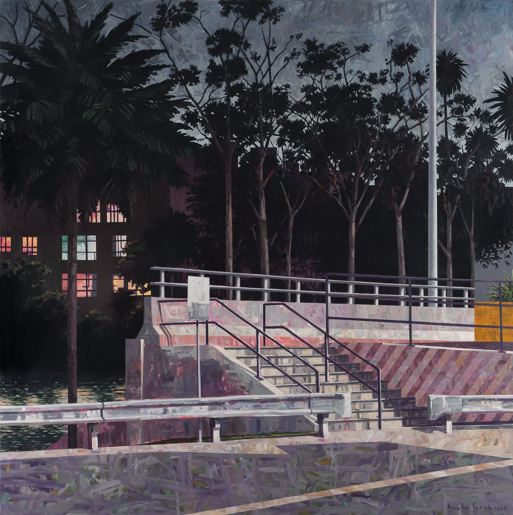 A painting titled About Light and Empire by contemporary Cuban master artist Gustavo Acosta depicting an urban landscape of tropical trees, water, stairs a street and colored light coming through the windows of a building, for Conde Contemporary.