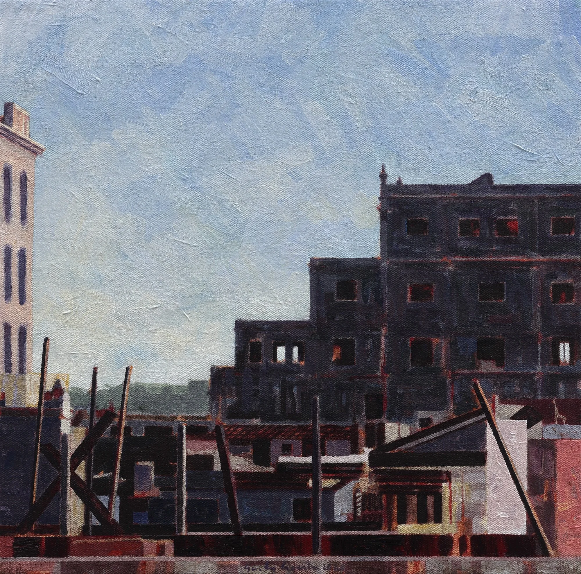 A small painting of a cityscape in decline titled Intimate Portrait VII by Cuban born contemporary artist Gustavo Acosta, available at Conde Contemporary.
