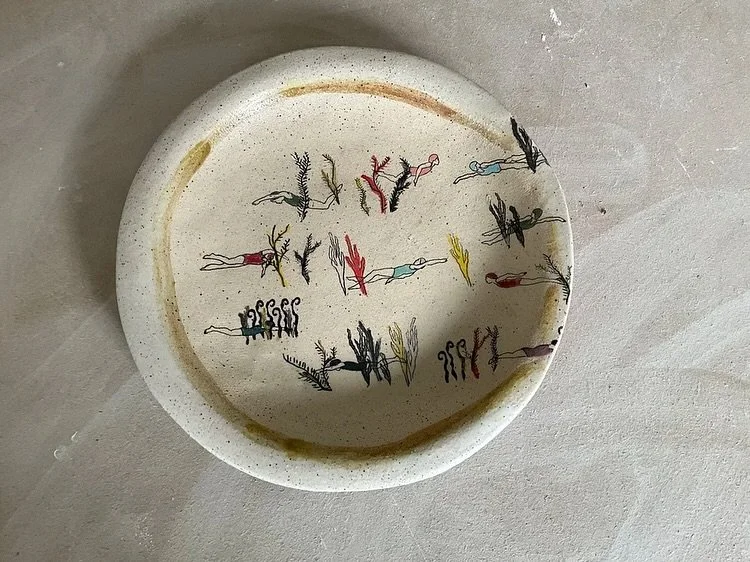 Four wild swimmers bowls and four wild swimmers plates are for sale in my shop now. 
Imagine getting home from a swim in the sea or a lake and then eating your delicious warming cooked breakfast off of one of these plates. The bowls are a little lar