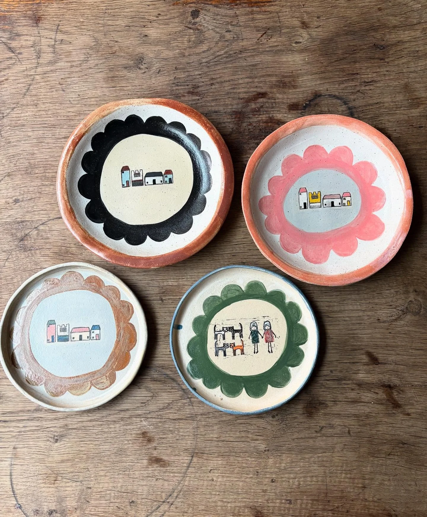 I love these four together and if they were going to stay with me I would probably put the grey and brown smaller houses one on the wall as fancy art, the girls and cats one I would save for my afternoon cup-of-tea-and-one-possibly-two-biscuits and t