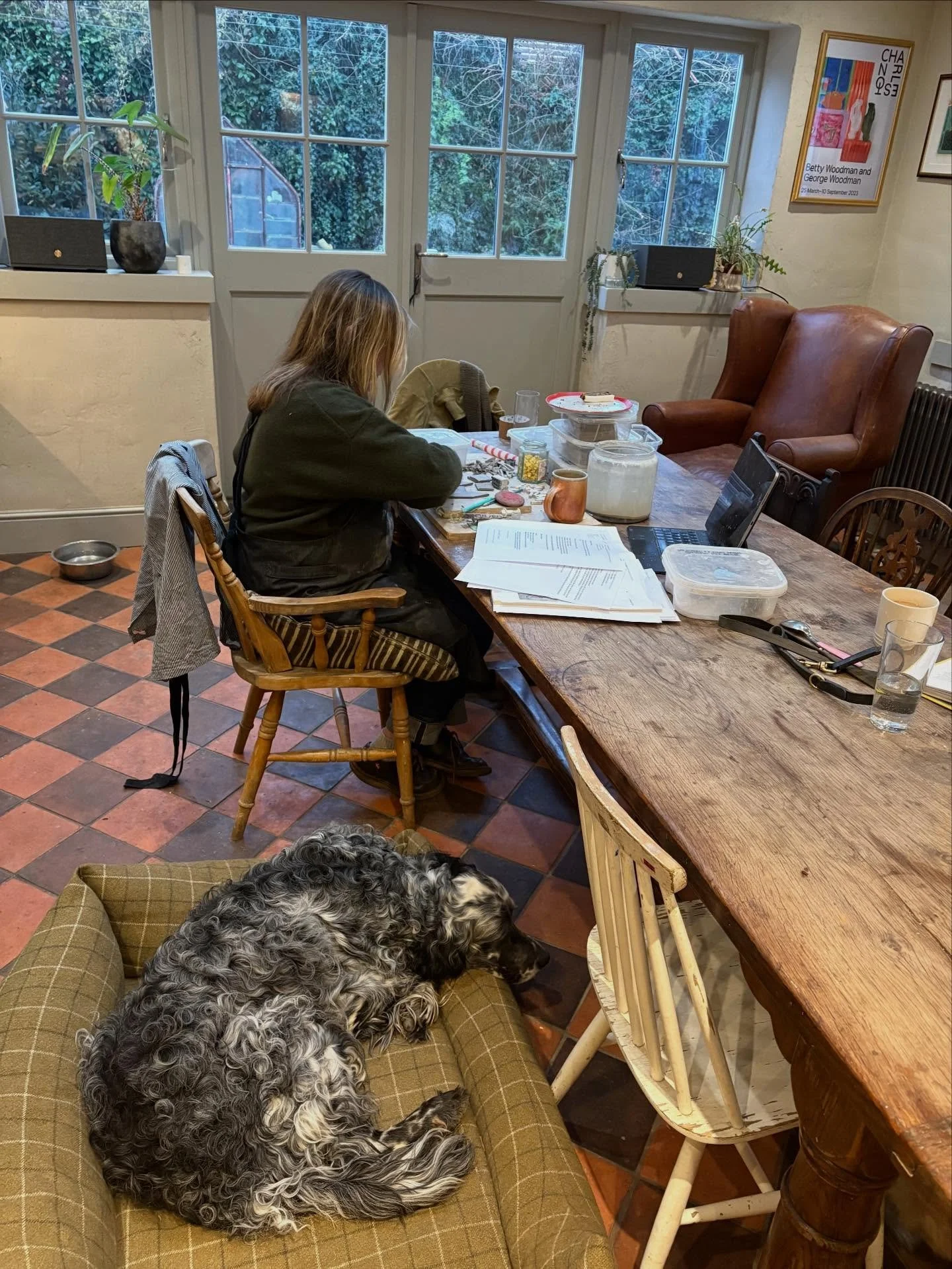 Working from home. 

Which is the not very hilarious joke I kept saying all day when I had to move into the kitchen to work as right outside my studio window was a man down a hole in the pavement drilling a hole making  the kind of noise that goes ri