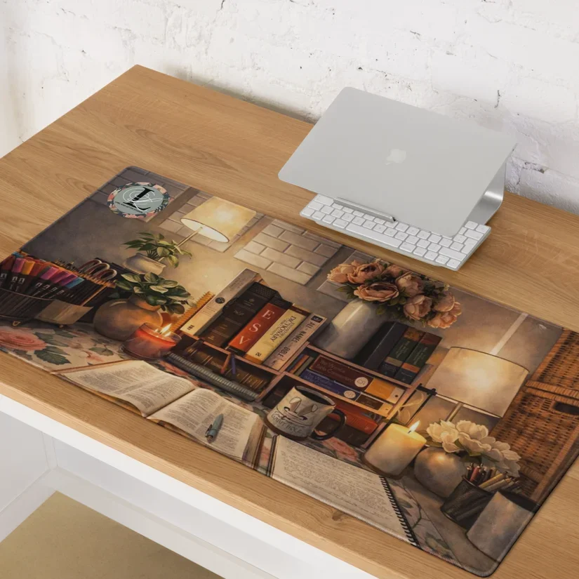 Desk with a MacBook, keyboard, and a colorful academic-themed desk mat featuring books, plants, candles, a notebook, and a coffee mug.