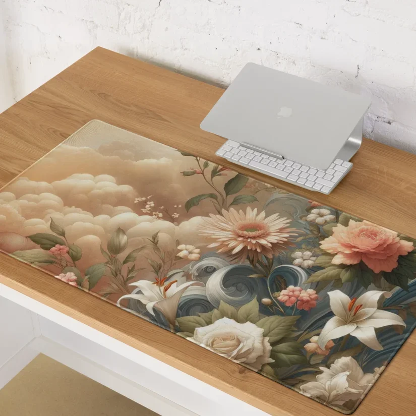 Decorative desk mat with floral pattern featuring large pink and white flowers, green leaves, and swirling water design on a wooden desk next to a closed Apple laptop and wireless keyboard.