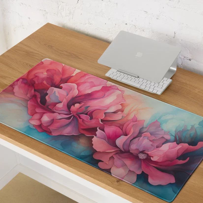 A wooden desk with a colorful floral mouse pad, a MacBook, and a wireless keyboard.