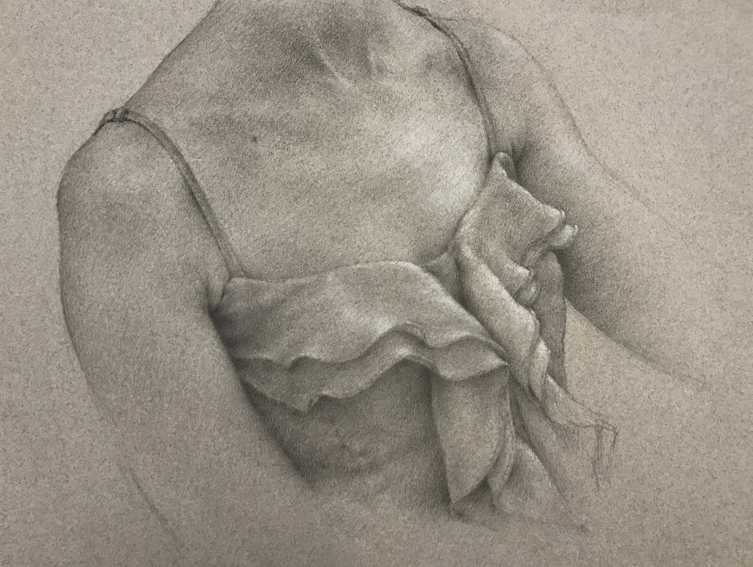   Volantes   2017  graphite and white chalk on toned paper  9" x 12"  Drawn from life (from the mirror) during my artist/teaching residency at Altos de Chavon in the Dominican Republic. 
