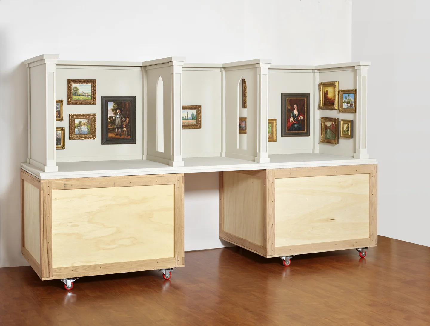 Lawrence’s Museum (overview), oil on canvas, watercolor, paper, wood, gold leaf, paint, casters, 40" x 36" x 120", 2018