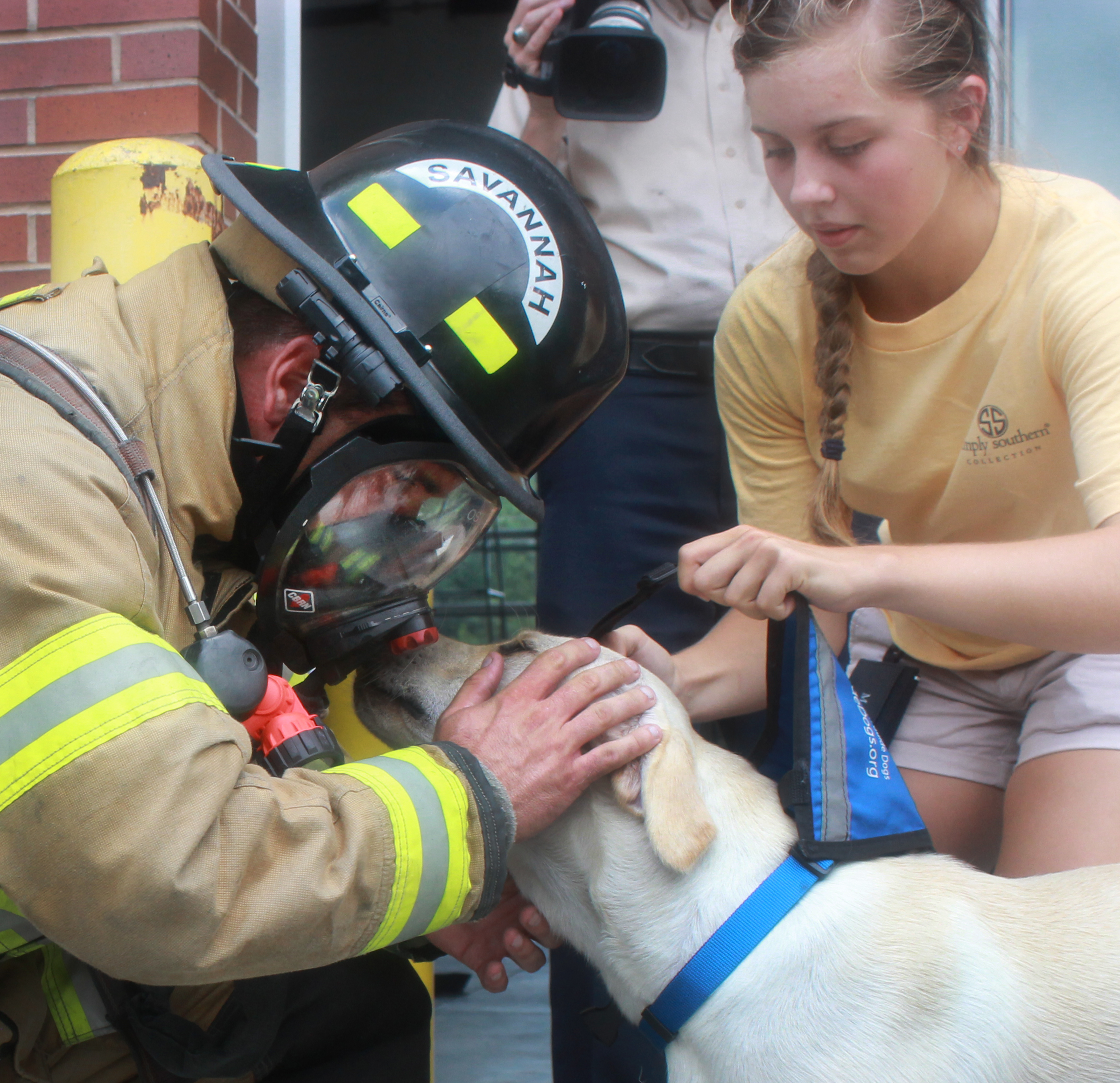  Mullins the yellow Lab, a service dog in training, nuzzles up to a Savannah firefighter in July 2015 while trying to get used to loud noises and first responders for emergency situations. &nbsp;(Dash Coleman/Savannah Morning News)&nbsp; 
