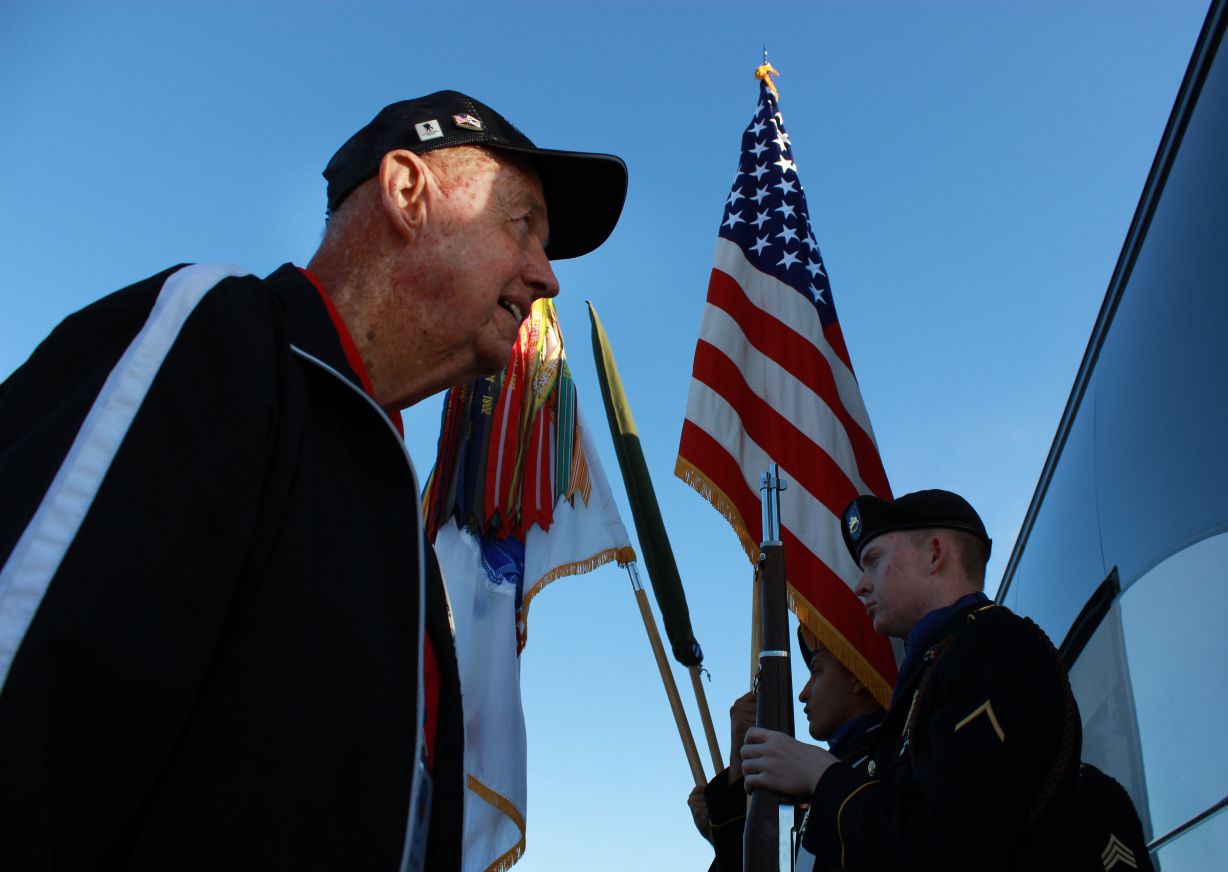  Korean War veteran Frank Grady Jr. boards an Honor Flight Savannah bus headed to Washington, D.C., in October 2015.&nbsp; 