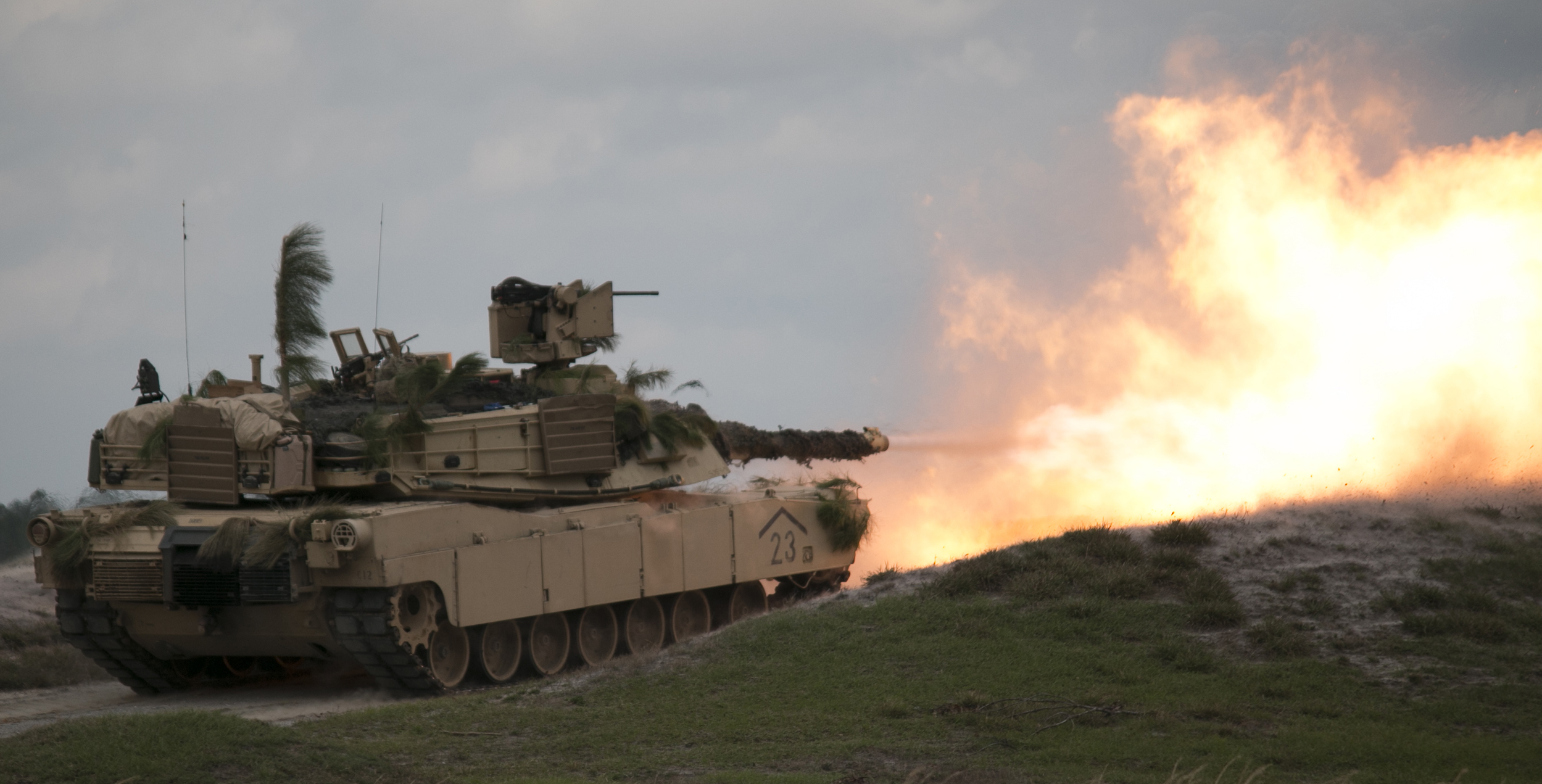  An M1A2 Abrams battle tank fires a 120-mm round downrange Feb. 15, 2017, at Fort Stewart during a combined arms live-fire exercise conducted by the 3rd Infantry Division’s 1st Armored Brigade Combat Team. &nbsp;(Dash Coleman/Savannah Morning News)&n