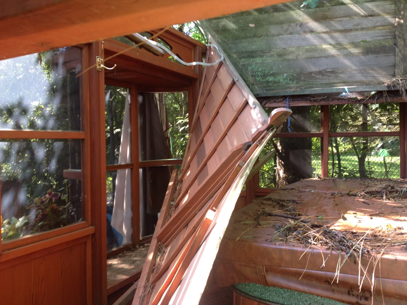 A gazebo destroyed by heavy snow load.