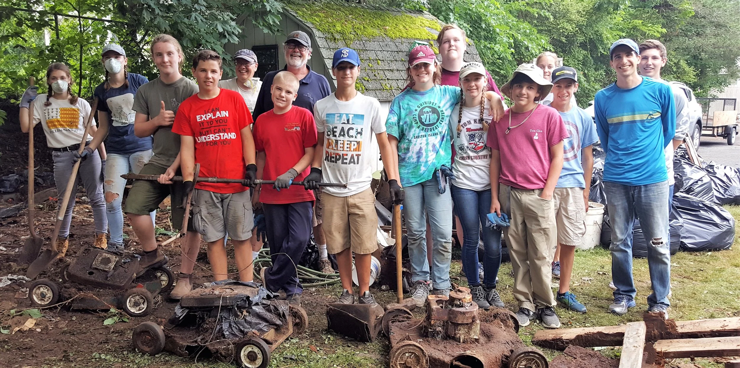 Summer Mission Trip 2018 The All-Faith Youth Group's 4th Annual Mission Trip was a great success! They had 12 teens participate this year. The first day, they worked at a house in Mattituck to help clear a property that was severely overgrown. The next day, they helped tear down two old sheds for the 91-year-old homeowner. On the third day, the kids went to the Country Fair in Medford, where they drove go-karts, played mini-golf, went back on the go-karts, played laser tag, and returned to the go-karts one last time. They really liked the go-karts!