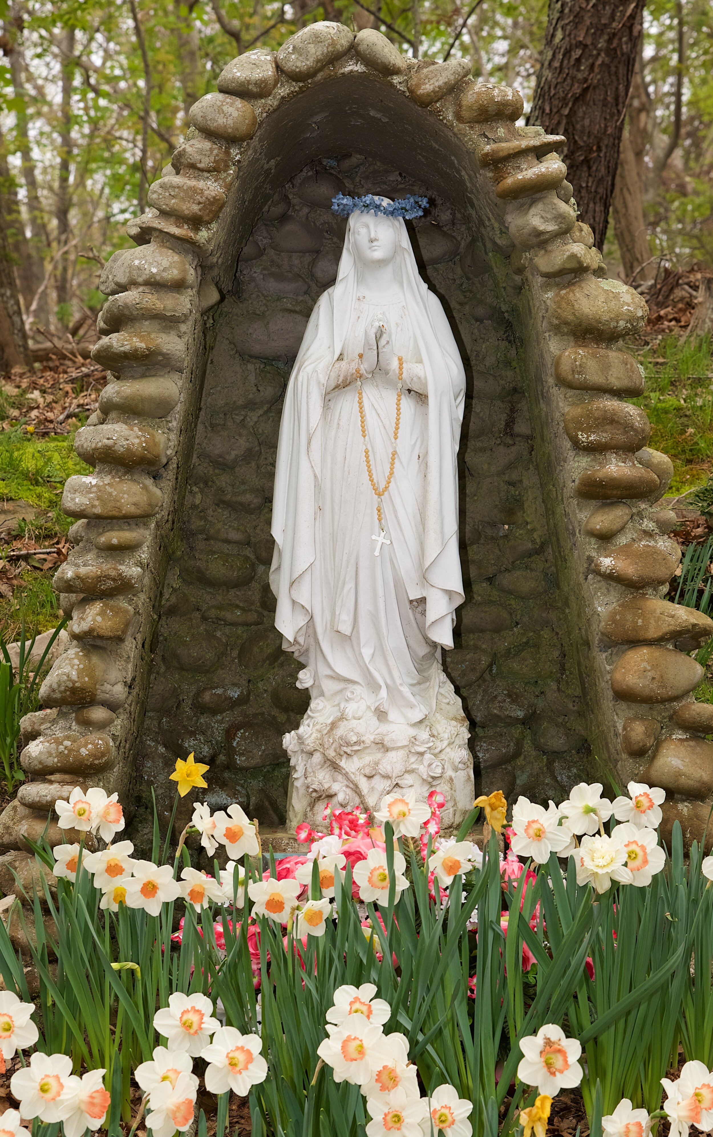 Mary at grotto w- daffodils.jpg