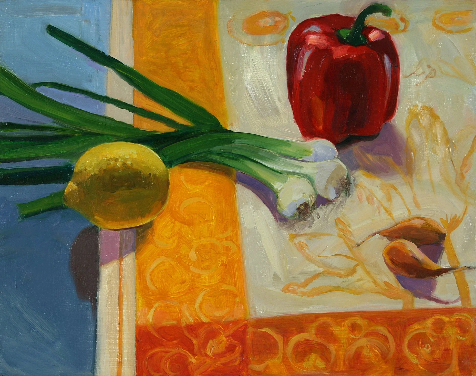 Scallion and Pepper, oil on wood panel, 11" x 14"