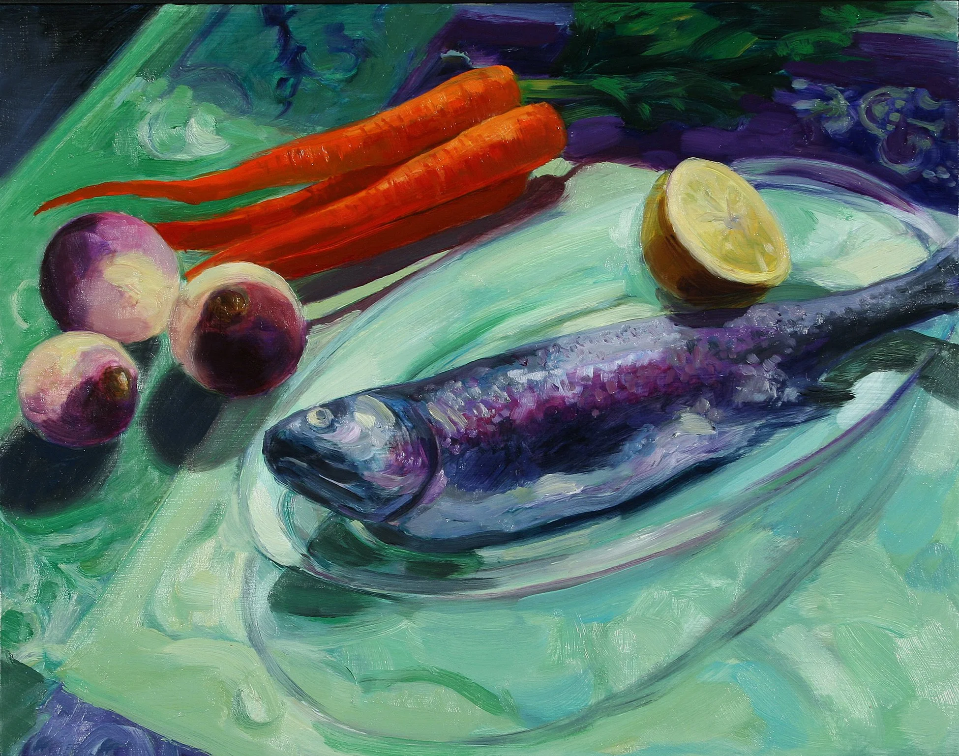 Trout and Turnips, oil on wood panel, 11" x 14"