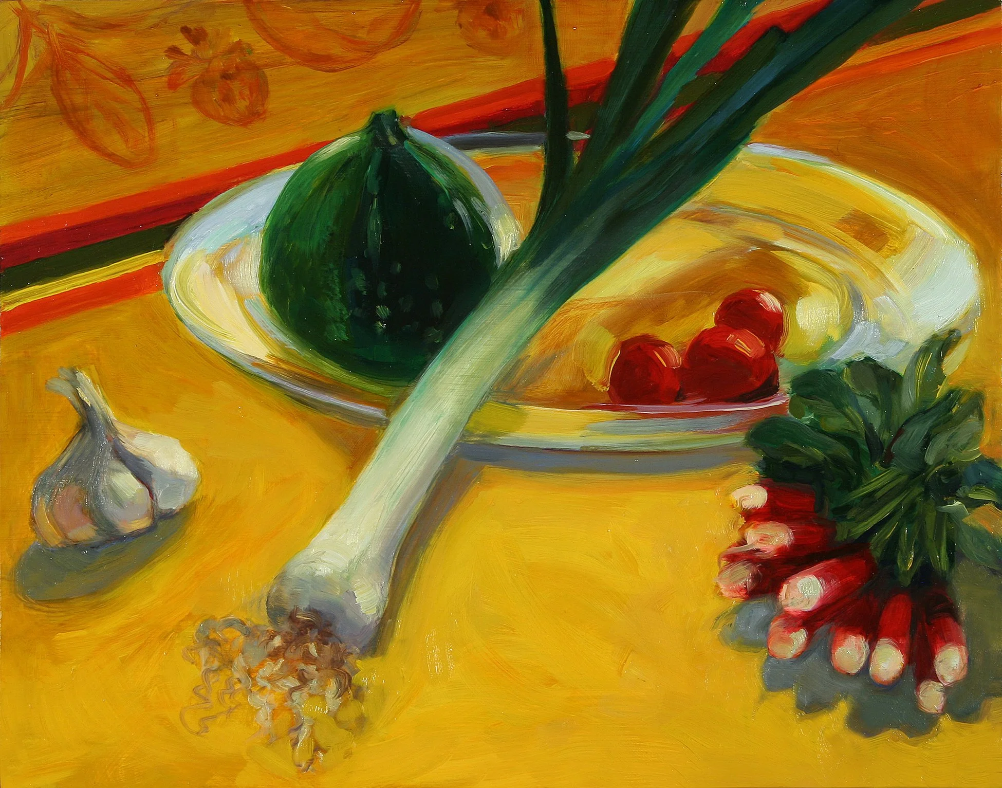 Leeks and Radishes, oil on wood panel, 11" x 14"