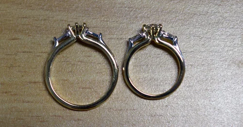 On the left…..he thought she was this size. On the right the ring made to her actual size.