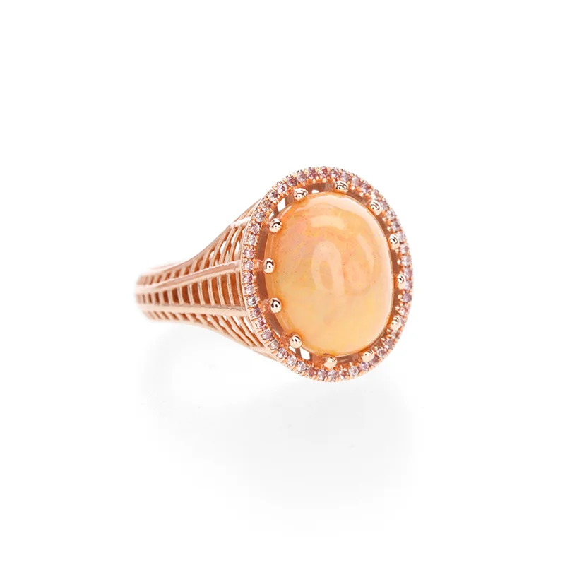 LIMITED EDITION Peach Opal Cabochon Ring with Brown Sapphires