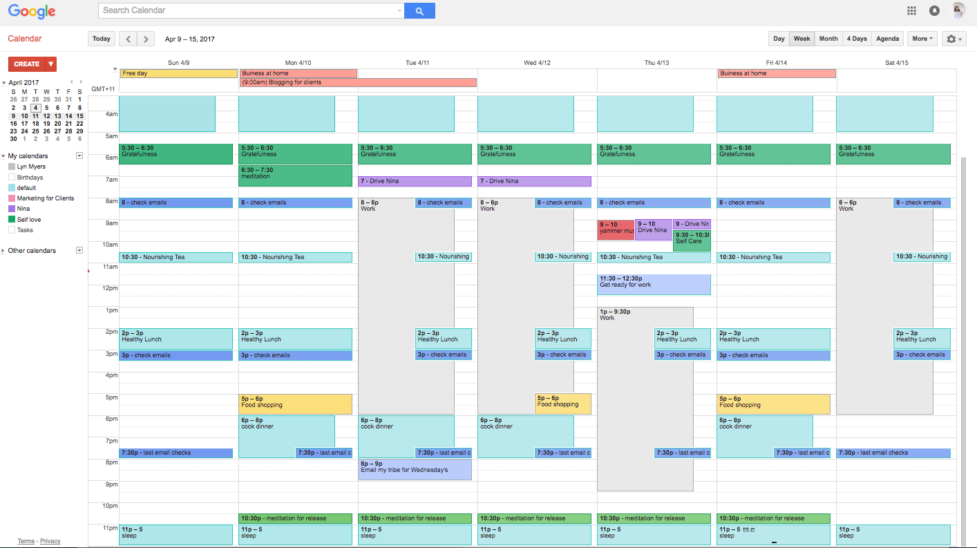A snapshot of my Google Calendar.