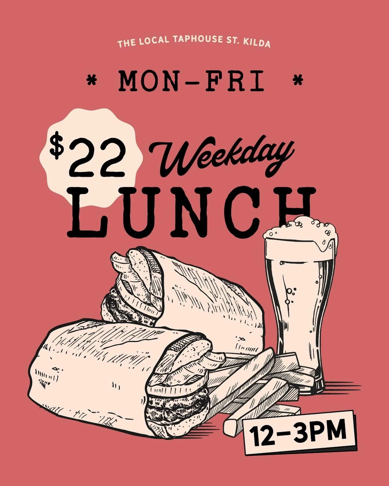 Lunch plans? Sorted πΊ
 
Grab a sandwich, chips and a pot of Stomping Ground Laneway Lager or Gipps St for just $22, Monday to Friday, 12–3pm.
 
Current rotation to choose from: Chicken Schnitzel, Reuben, Mushroom. Book now!