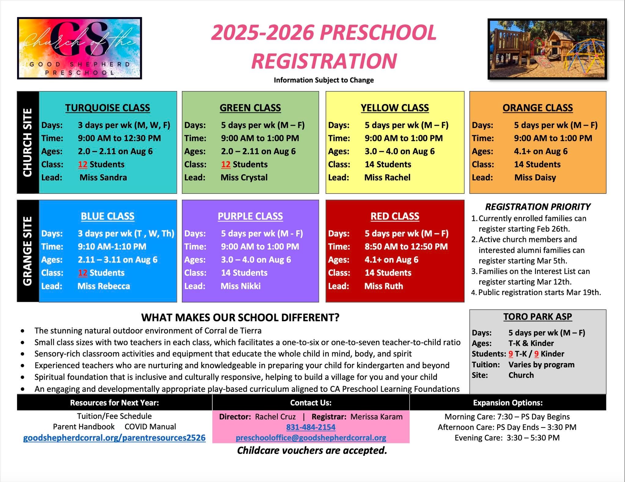 Registration for the Preschool Year 2025-2026 is open now! We still have a few spots open in our classes, and all waitlists are available. To register, click the link below. If you want to know more about each class, please visit our website under th