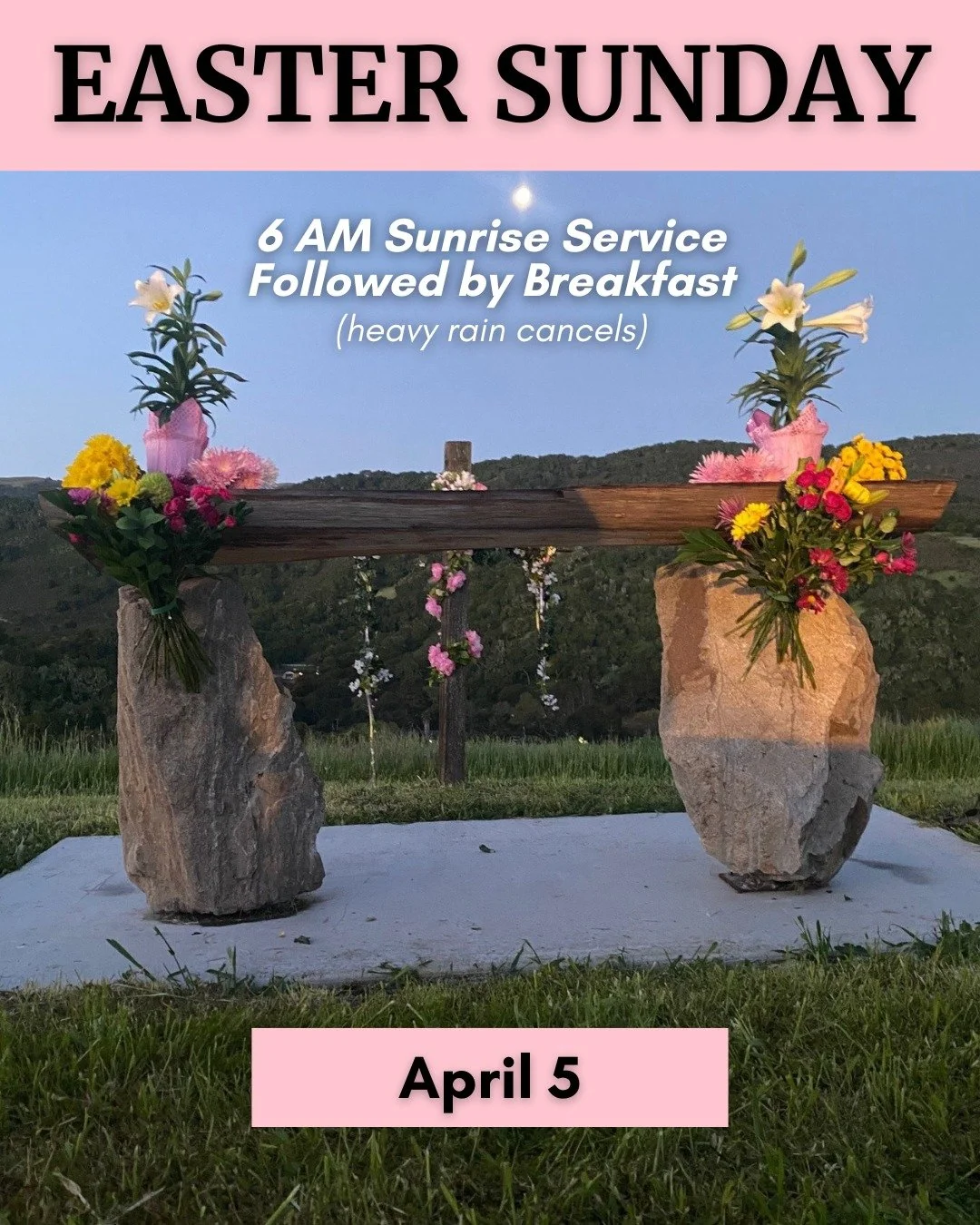 Join us for a joyful celebration of our Lord's resurrection at the Easter Sunrise Service atop Eve's Peak. We will hike together into the hills of Corral de Tierra to greet the dawn in this ancient tradition, overlooking the beautiful pastures and we