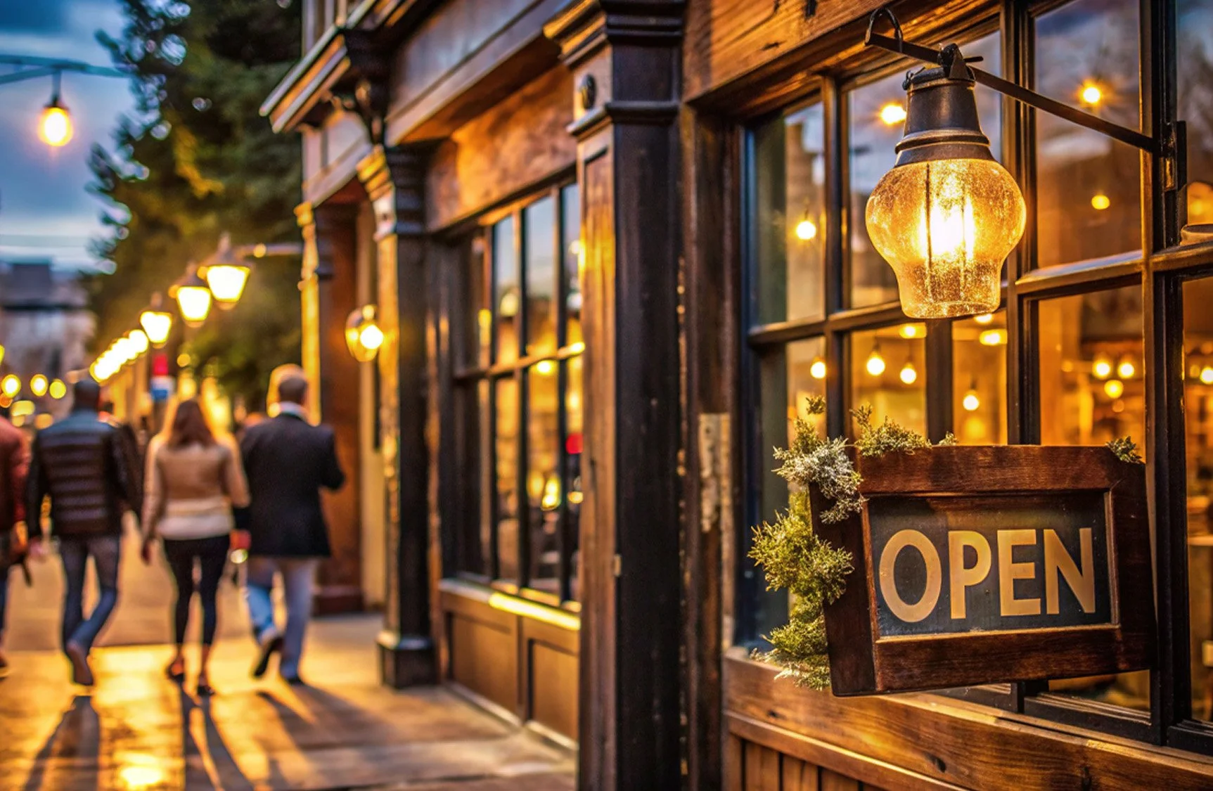 Small town business with open sign