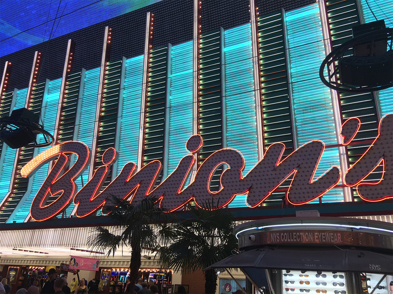 Binion’s casino sign glowing at night on Fremont Street Las Vegas