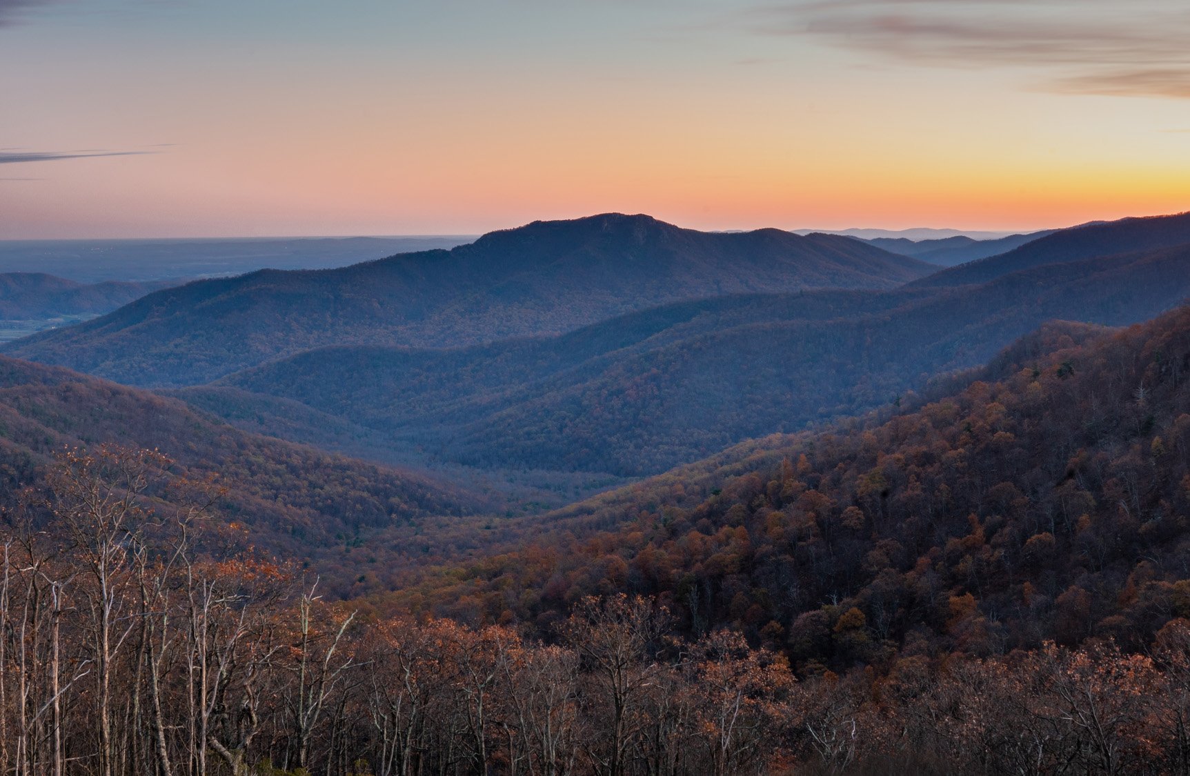 Old Rag Mountain view from Shenandoah National Park at sunset in the Blue Ridge Mountains