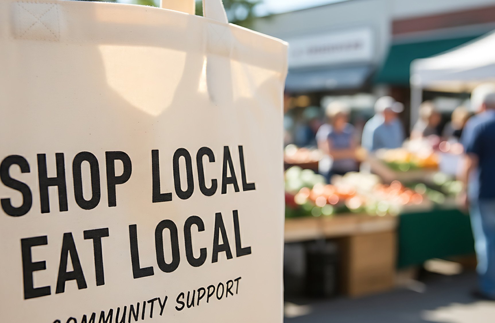 Local farmers market scene with “Shop Local Eat Local” sign and text overlay reading “You Don’t Need Millions to keep a small town strong”