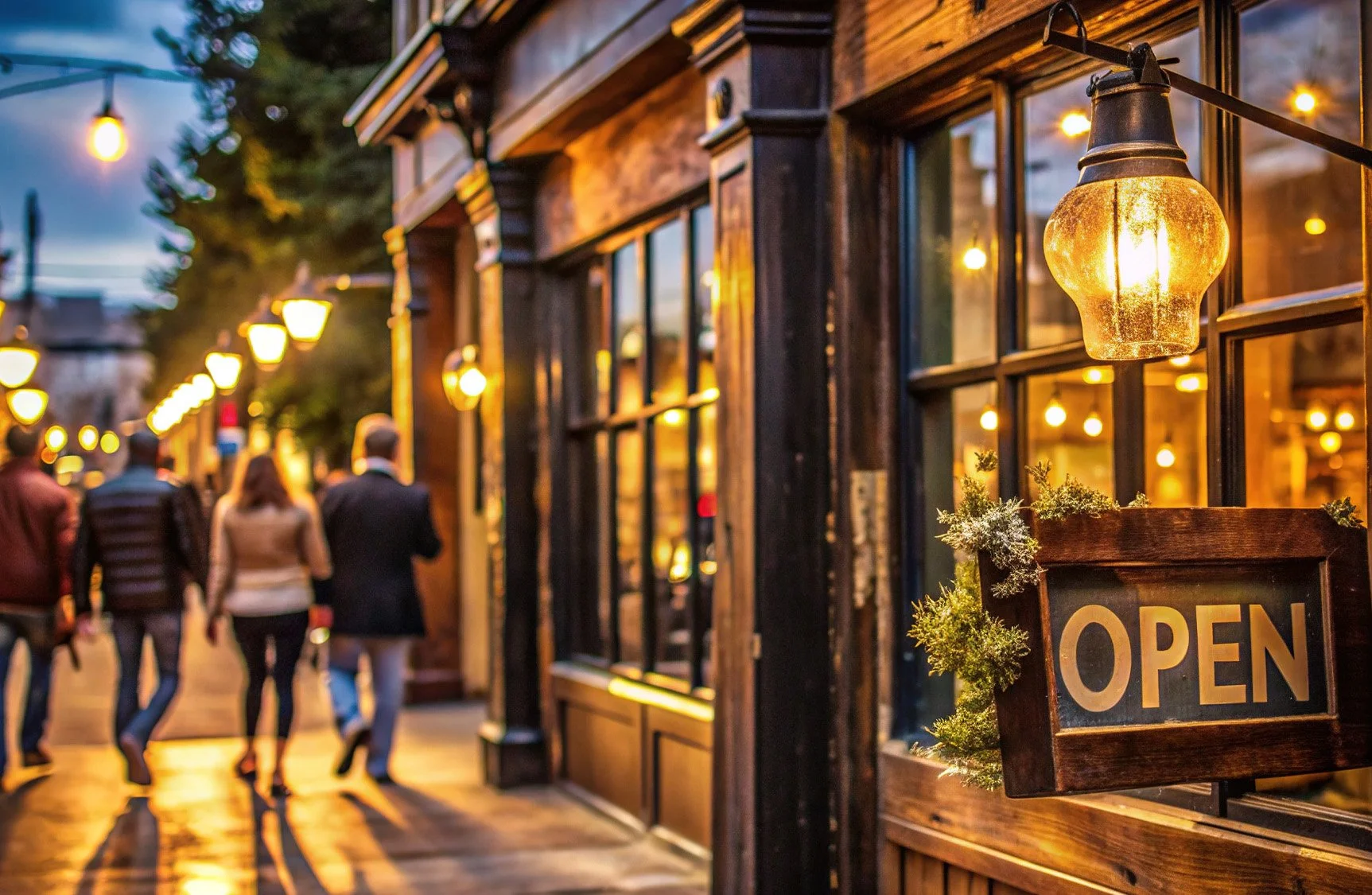 A warmly lit small-town downtown street at dusk with people walking along the sidewalk past storefronts, featuring glowing streetlights and a wooden shop window with an illuminated “open” sign.