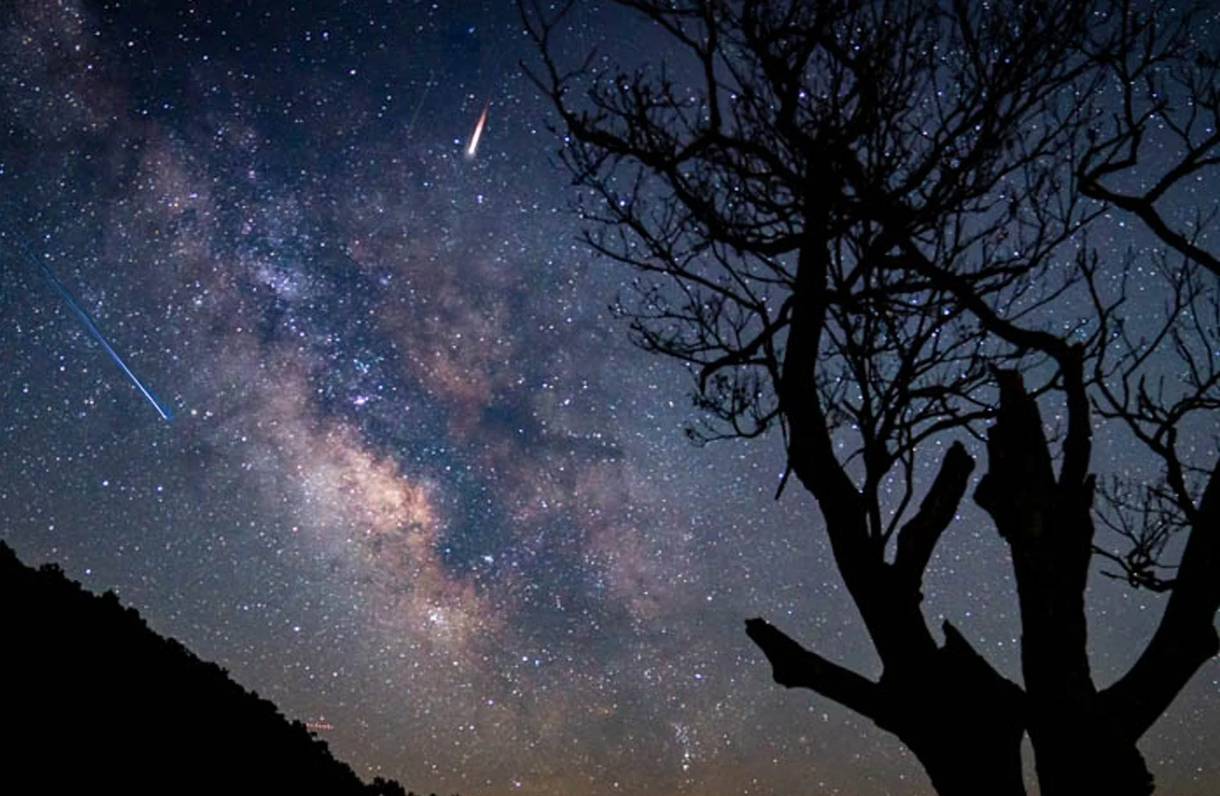 Milky Way rising over Big Meadows in Shenandoah National Park with a silhouetted tree in the foreground and a star-filled night sky in the Blue Ridge Mountains.