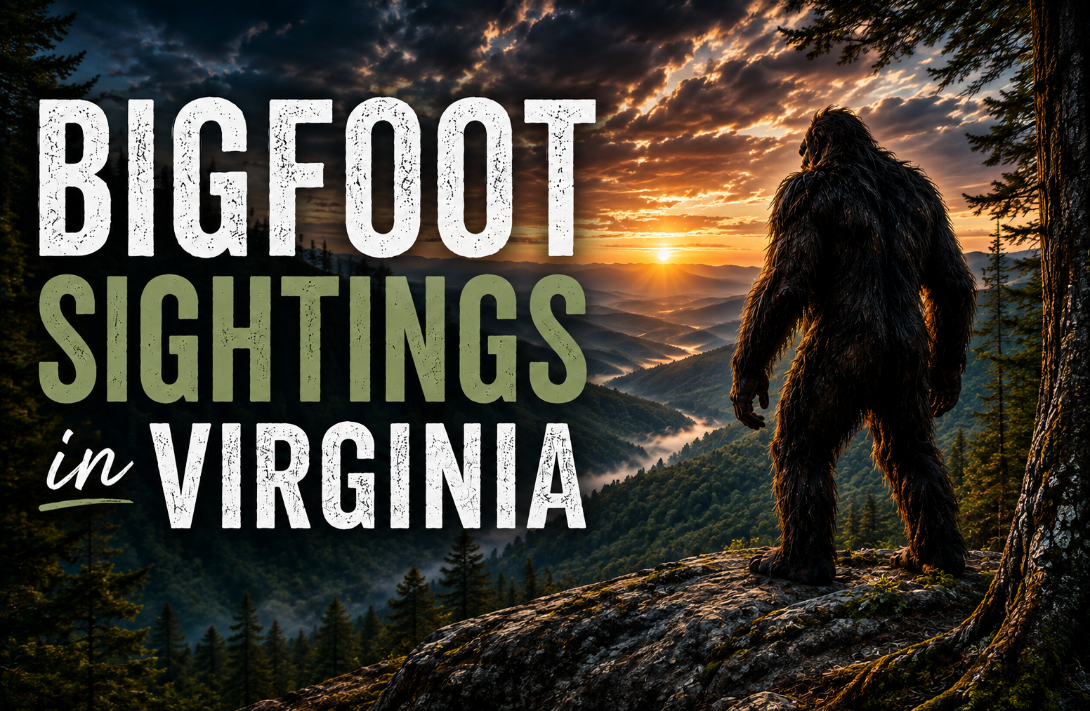 Bigfoot overlooking Virginia’s misty Blue Ridge Mountains at sunset with text reading “Bigfoot Sightings in Virginia.”