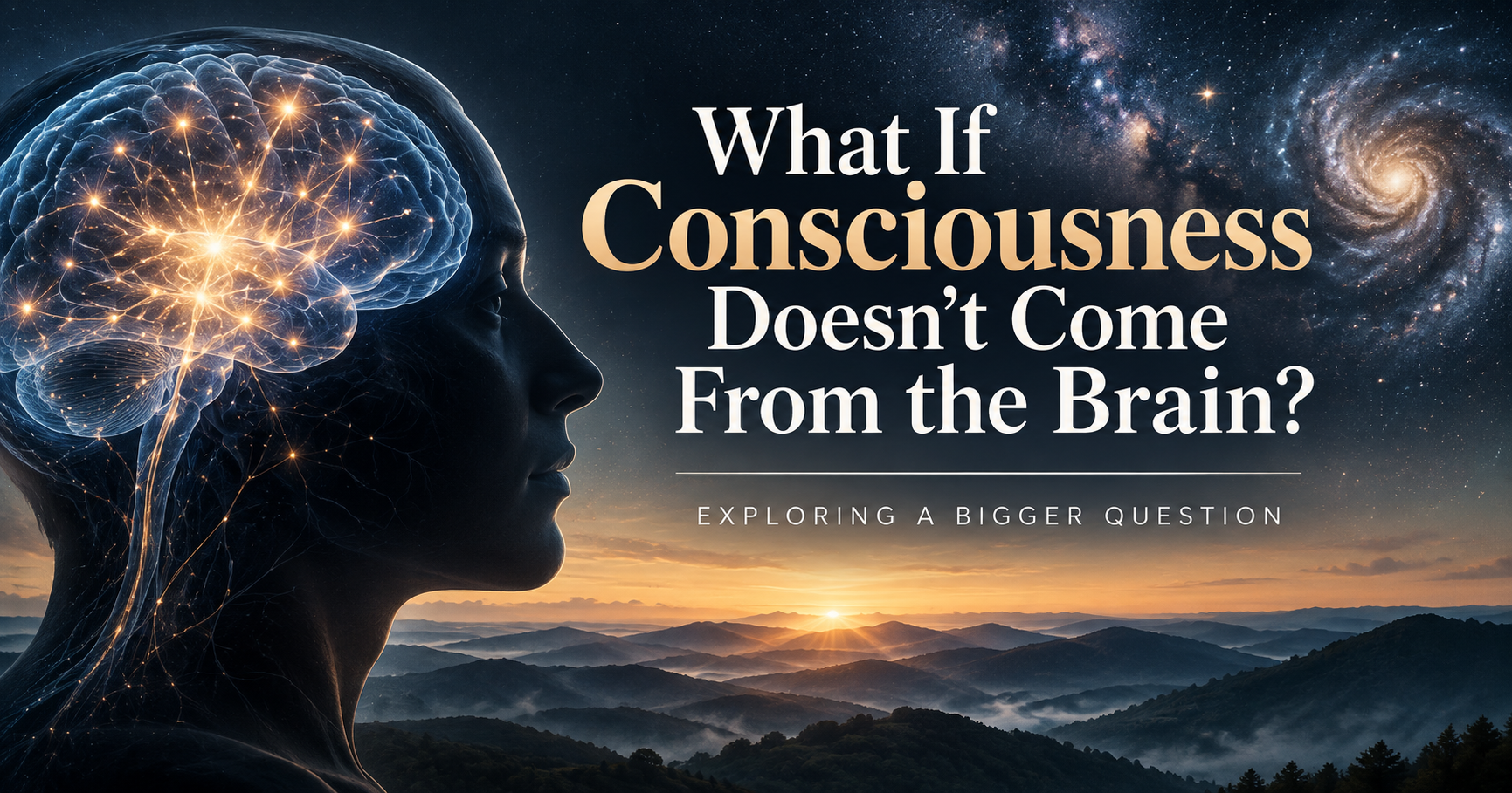 Illustration of a glowing human brain beneath a star-filled sky over the Blue Ridge Mountains, representing the question of whether consciousness originates from the brain.