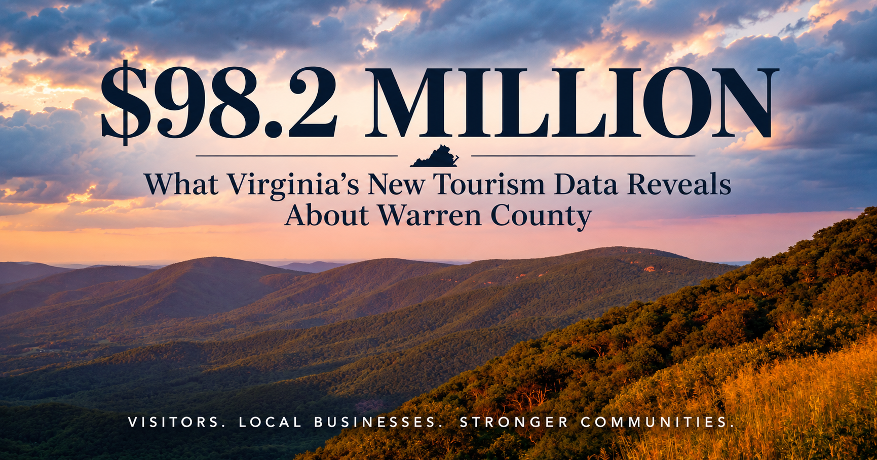 Scenic Blue Ridge Mountains at sunset with text highlighting $98.2 million in 2025 Warren County tourism spending and what Virginia’s new tourism data reveals about the local economy.