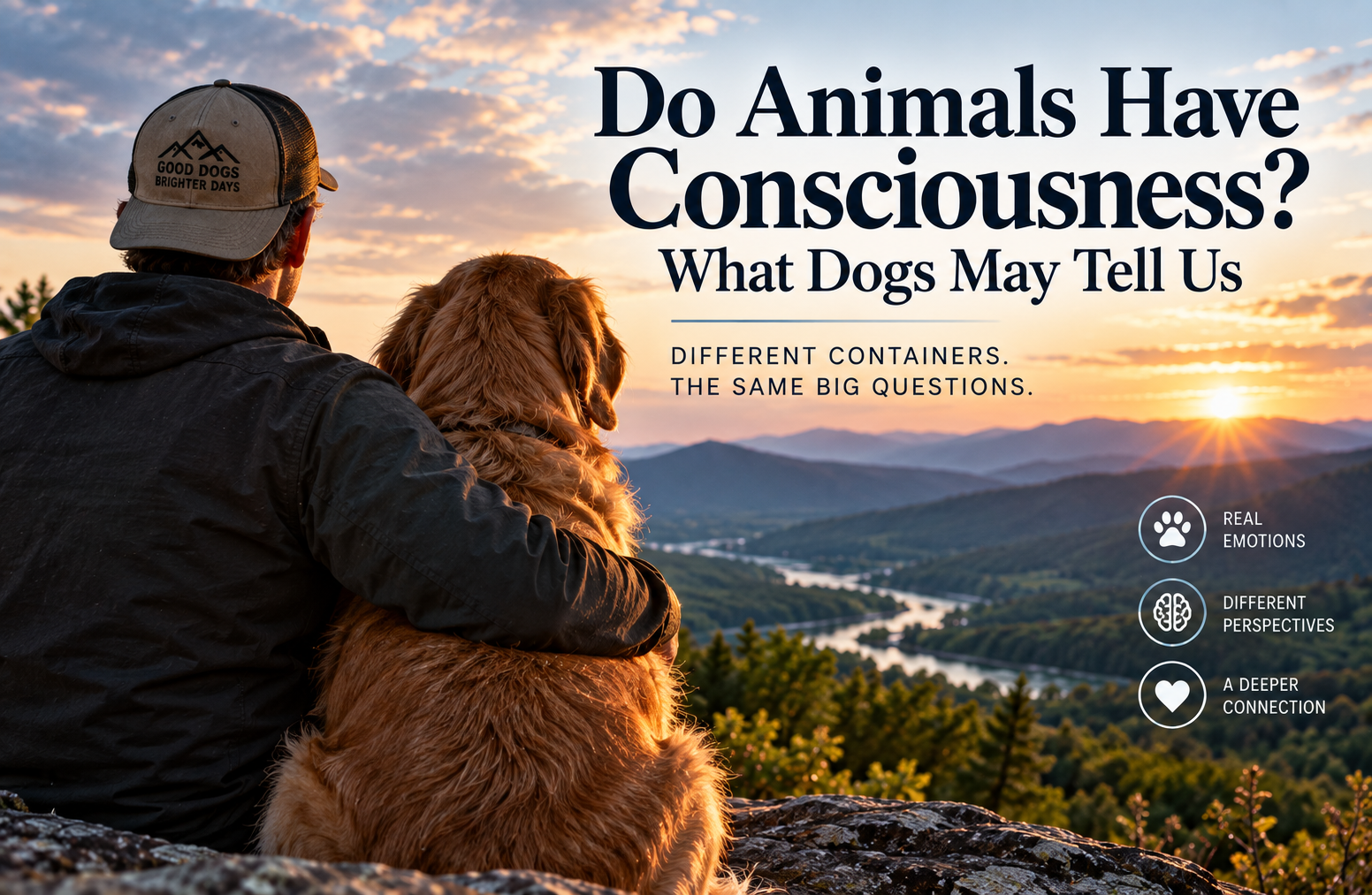Man looking into the eyes of a dog at sunset overlooking a mountain valley, illustrating the question “Do Animals Have Consciousness?” and exploring whether dogs experience consciousness through a different biological container.