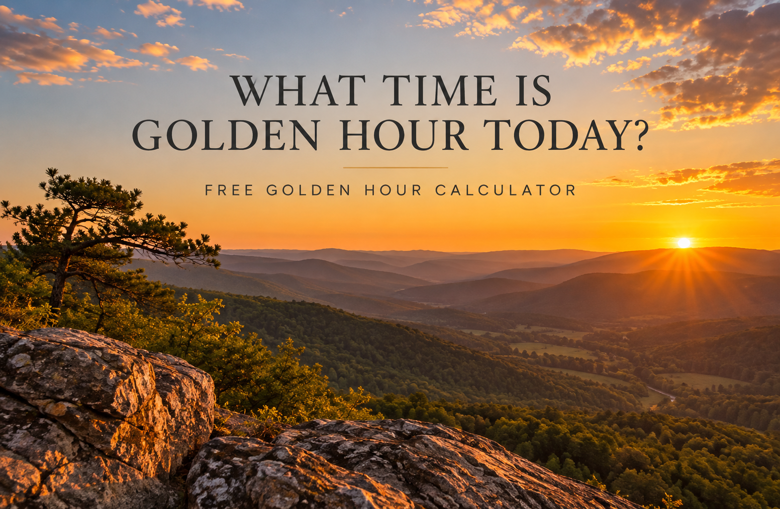Golden hour over the Blue Ridge Mountains with text reading “What Time Is Golden Hour Today? Free Golden Hour Calculator.”