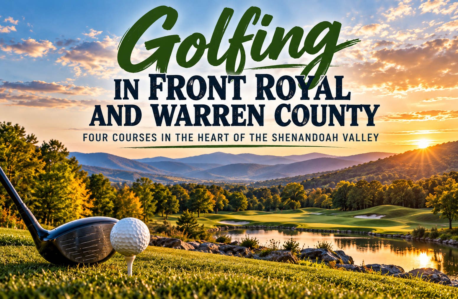 Scenic golf course in Front Royal and Warren County, Virginia, surrounded by Shenandoah Valley mountains at sunset, promoting four local golf courses.