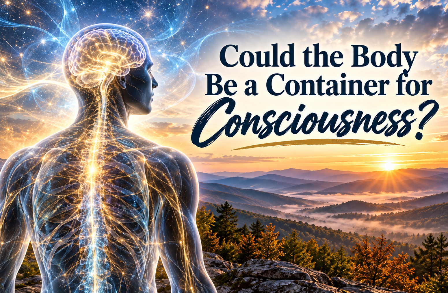 Illustration of a glowing human brain and nervous system overlooking mountains at sunrise, representing the question of whether the body could be a container for consciousness.