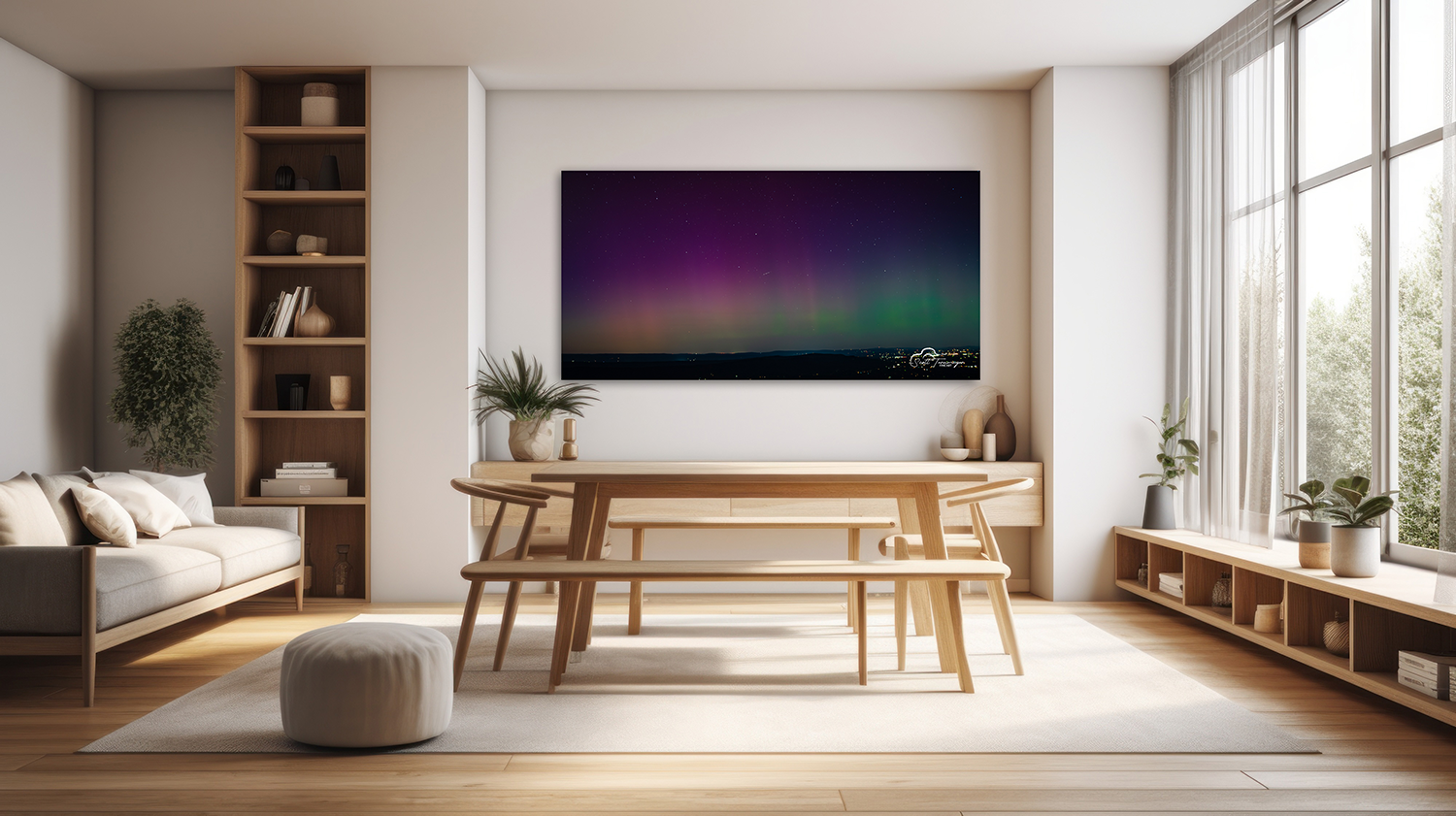 Large fine art landscape print installed in a modern living room interior.