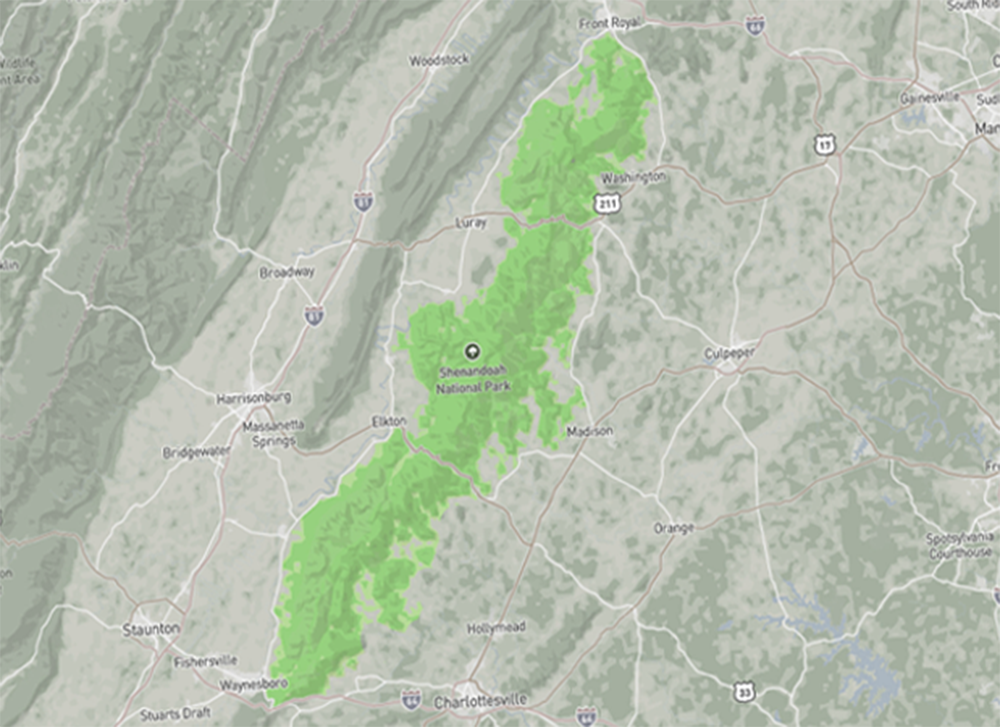 Map of Skyline Drive running through Shenandoah National Park