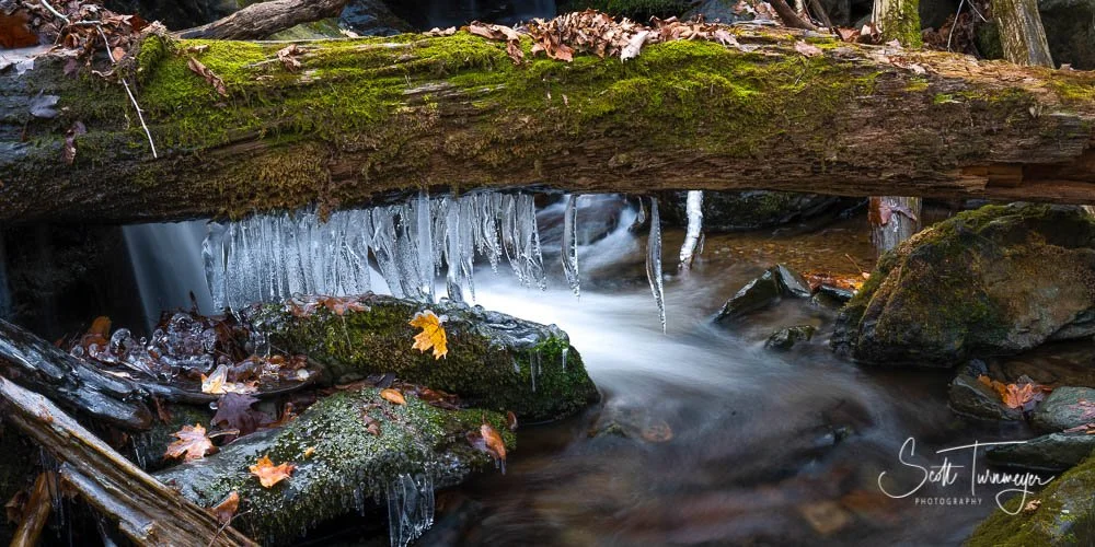 Frozen cascale waterfall along Rose River Trail in the Winter