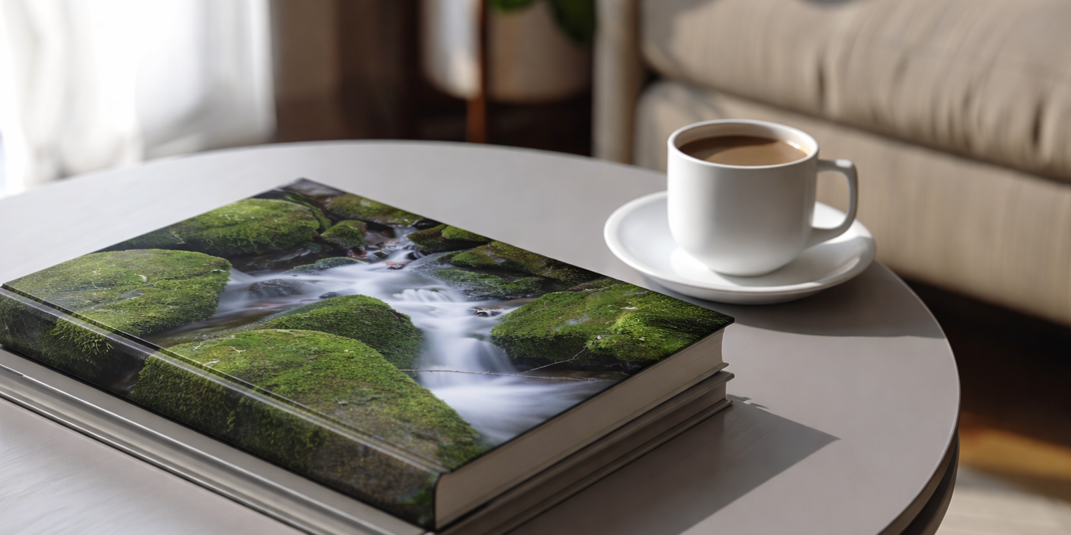 Hardcover coffee table photography book featuring a waterfall landscape on the cover.