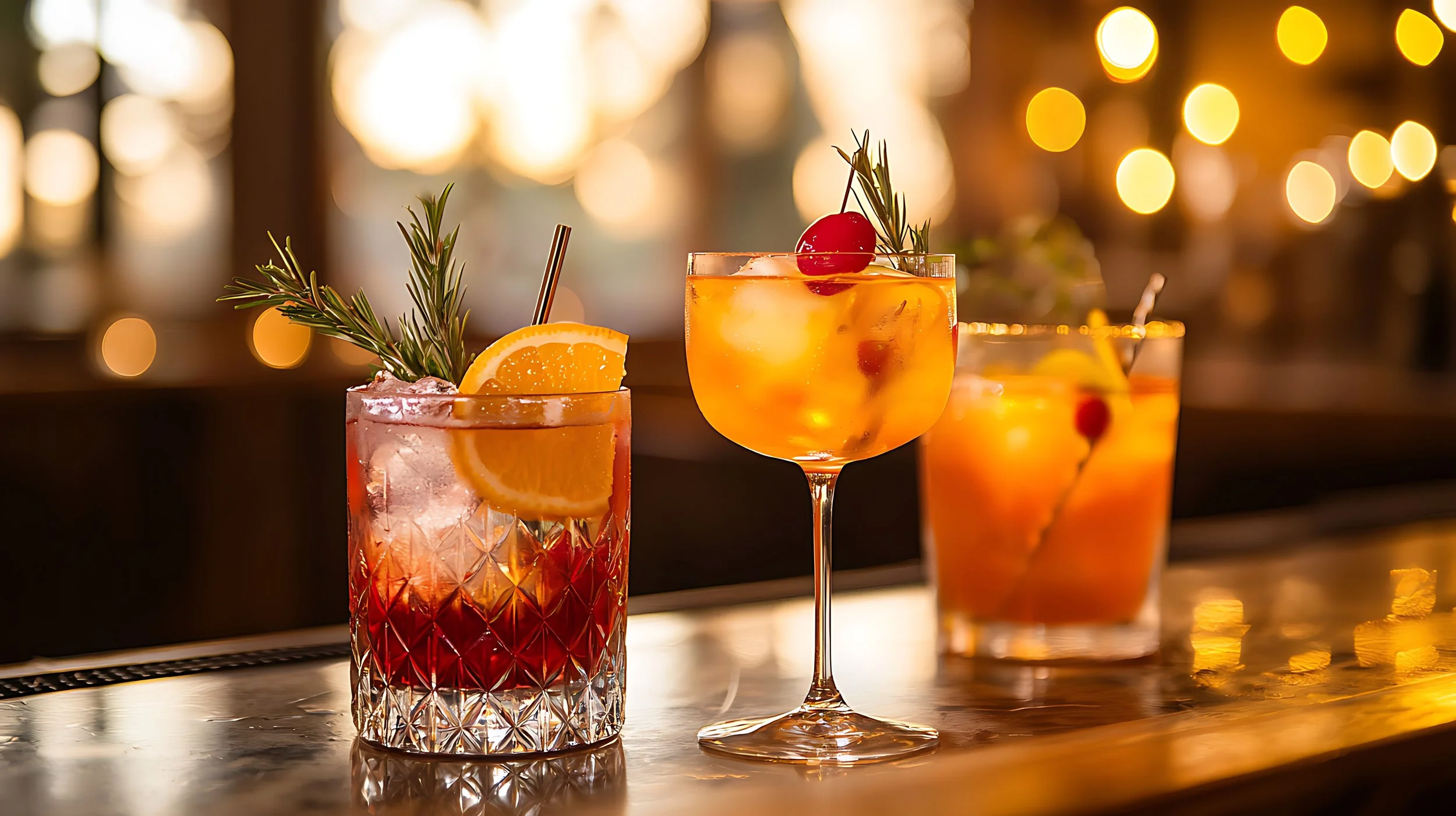Cocktails on a bar top at a lounge in downtown Front Royal VA during the evening