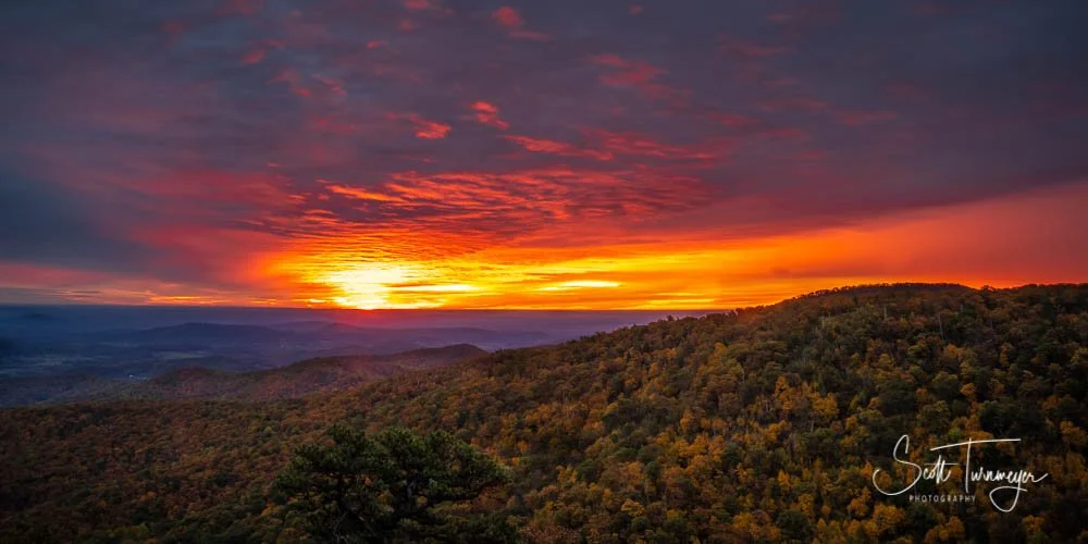 Shenandoah National Park sunset from Skyline Drive overlook in fall colors