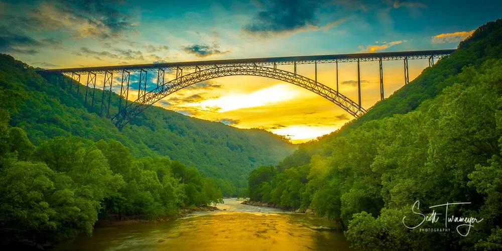 Golden hour sunlight framed under a bridge with reflections on the river below